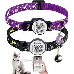 Upgraded Version - Cat Collar Stars and Moon, Solid & Safe, Pet Collar, Breakaway Cat Collar, Smart ID tag.Real-time scan alerts | Shareable Pet Profile | No Subscription or fees(Black&Purple)