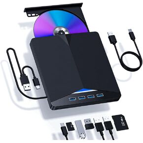 External DVD Drive CD Drive, USB 3.0/Type-C with 4 USB Ports, External CD/DVD Drive forCD DVD Player Portable +/-RW Burner CD Optical Disk Drive for Laptop Mac, PC Windows 11/10/8/7 Linux OS