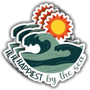 (3 pcs) Happiest by The Sea Sticker Funny Beach Ocean Life Tumbler Decal Sticker for Kindle Laptop Water Bottle Phone Hard Hat Vinyl Decal - 3x3