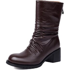 Women's Mid Calf Boots Low Chunky Block Heel Slouch Boots with Zipper