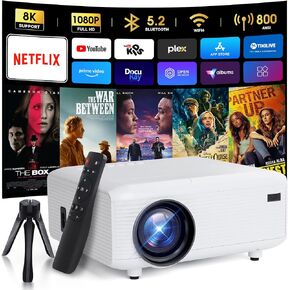 [Netflix Officially-Licensed] 2024 Newest Projector with Wifi Bluetooth, 15000lux 800ANSI Native 1080P Bluetooth Mini Projector For Outdoor Home Movie 300"", Compatible with Iphone, white