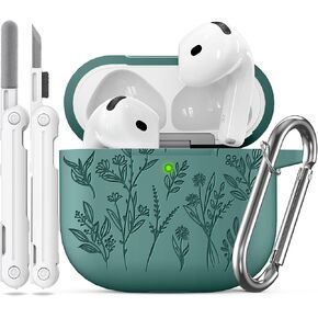 for Airpods 4 Case, Ekoonpft Flower Engraved Case for Apple Airpod 4 and Airpods 4 with Active Noise Cancellation 2024 with Cleaner Kit, Soft Silicone Case Cover for Women, Shockproof