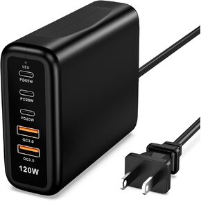 محطة شحن USB C شاحن جداري سريع USBC محور شحن الطاقة لأجهزة متعددة سطح المكتب كتلة شحن 3 USB C 2 USB A 120W Pd محول شريط سريع متوافق مع iPhone iPad Galaxy الهاتف الخليوي الذكي
