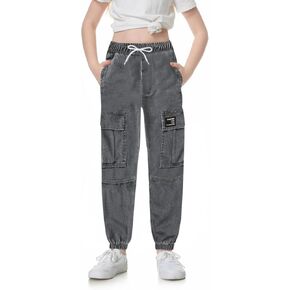 SANGTREE Girls Cargo Pants Elastic Waist Drawstring Tapered Jogger Pants with Pockets for Girl Olive Green,140