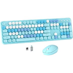 Colorful Wireless Computer Keyboard and Mouse Combo with Round Typewriter Keycaps, Retro Design, Power Switch, Ergonomic Design, 2.4GHz Wireless for Windows, Mac, PC (Blue-Colorful)