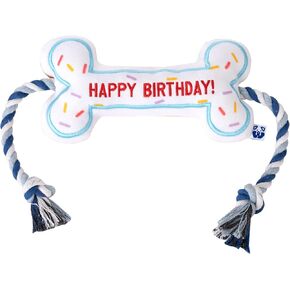 Birthday Bone Interactive Dog Toy - Interactive Tug Rope Pet Toy - Cute Unique Design Party Birthday Gift - Small Medium Puppy - Durable Chew Resistant Plush Toy with Squeaker for Teething (White)