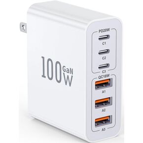 USB C Charger Block, 100W 6-Port Fast Charger Multiport Type C Charging Block, USB Wall Charger Plug Dual PD+QC Charging Cube Brick for iPhone 16/15/14/13/12/11 Pro Max XS, iPad, Samsung Phone, Tablet