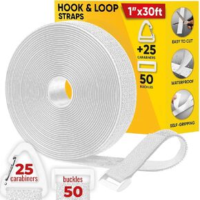 Hook and Loop Cable Straps with 50 Bucklets and 25 Carabineres, Reusable Fastening Cable Ties, Wire Management Securing Strap for Cable Tidy, Wire Management, Multi-Purpose Cord Organizer (Black)