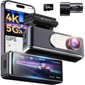 Dash Cam Front and Rear,4K UHD Dual Dash Camera for Cars,Built-in 5G WiFi GPS,64GB Card,170°Wide Angle,Car Camera with 3.2" Screen,Night Vision,App Control,Loop Recording,WDR,24H Parking Mode