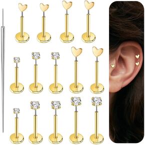 20G/18G Tiny Stud Earrings Flat Back Earrings Gold Cartilage Tragus Earring Mini Small Heart CZ Studs Threadless Piercing Jewelry Conch Stud Nose Helix Stud