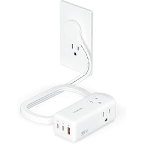 TESSAN USB C Charging Station PD 30W, Flat Plug Power Strip with 3 AC Ouelets 3 USB (2 USB C), USB C Charger with 5FT Flat Cable Extension Cord, Fast Charging for Phone Tablet Laptop, Travel, Office