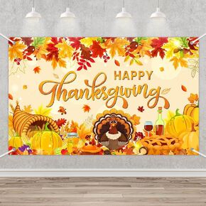 MEHOFOND Happy Thanksgiving Backdrop Banner, Fall Turkey Maple Leaves Pumpkin Thanksgiving Party Decorations, Autumn Friendsgiving Harvest Feast Party Banner, Cake Smash, Photo Props 70.8x43.3Inch