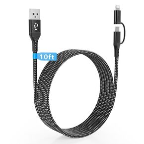 Long USB to USB-C and Lightning Cable 10FT/3M [MFi & 3A Fast Charge & Data Sync] 2in1 Extra Long iPhone Charging Cord Nylon Braided Fast Apple Charger Cable for for iPhone 16 15 14 13 Android Carplay