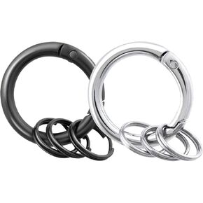 2pcs Spring O Ring with Key Rings, Alloy Round Spring Keychain Clips, Small Circle Carabiner Snap Hook Replacement for Purse Bag DIY Crafts- Black & Gray