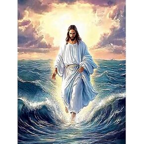 DIYDECORFUN Jesus Walk On Sea Diamond Painting Kits for Adults, 5D Jesus Christ Diamond Art Kits, Full Round Diamond Dots Painting with Numbers,Religious Christmas Beads Gem Art for Decor12x16Inches