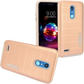 For LG K30 LM-X410, Phoenix Plus X410AS, Premier Pro LTE L413DL, LG K10 (2018) - Slim Hybrid Hard Case + Tempered Glass Screen Protector - Gray/Gold