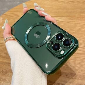 Compatible with iPhone 13 Pro Max Magnetic Clear Case,Luxury Plating Bling Transparent Shockproof MagSafe Case with Full Camera Lens Protector for iPhone 13 Pro Max Women Girl Men-Green