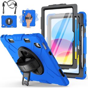 Miesherk Case for iPad 10th Generation with Screen Protector, Full-Body Drop Protection 360° Rotate Stand/Hand Strap, Cover Compatible with iPad 10th Gen 10.9'' Model A2696/A2757/A2777