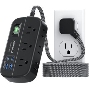 25 FT Flat Extension Cord, Power Strip with Surge Protection- 6 Widely Outlets 4 USB Ports, Flat Plug, Wall Mount Outlet Extender, 1080J Multiple Outlets for Indoor Home Office, Dorm Room Essentials