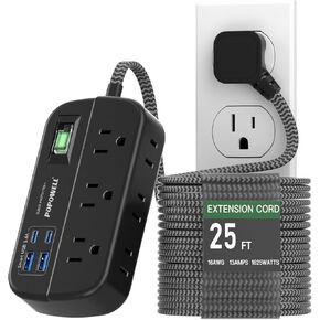 25 FT Flat Extension Cord, Power Strip with Surge Protection- 6 Widely Outlets 4 USB Ports, Flat Plug, Wall Mount Outlet Extender, 1080J Multiple Outlets for Indoor Home Office, Dorm Room Essentials