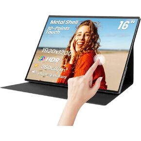 16 Inch Touchscreen Portable Monitor, HDR10, Metal Shell Travel Screen with Smart Cover and Speakers, IPS 1920x1200P External USB-C HDMI Secondary Touch Display for Laptop/PC/Game Console/Phone