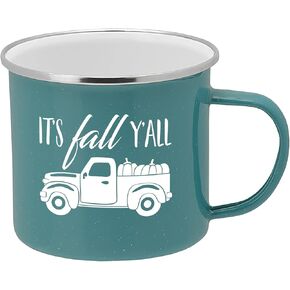 HOME & HOOPLA Fall Truck Enamel Camping Coffee Mug It's Fall Y'all Tin Cup 15 Ounce (Teal)