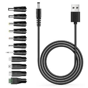 Versatile Charging Cable Power Core, USB to DC, 11 Connector Tips (Micro-USB, Type-C, Mini USB,2.5mm, 5.5x2.1, 2.5x0.7mm, 3.0x1.1mm, 3.5x1.35mm, 4.0x1.7mm, 4.8x1.7mm, 5.5x2.5mm), 3.3 Ft
