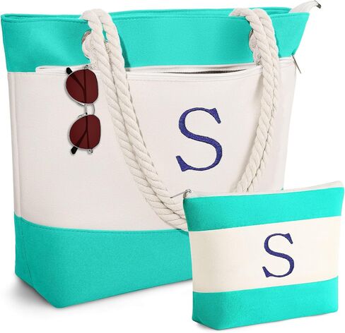 Personalized Canvas Initial Beach Tote Bag with Makeup Bag Travel Essentials Beach Gifts Birthday Gifts for Women Her in Kuwait