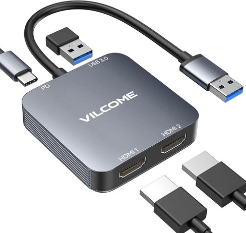 vilcome USB to HDMI Adapter, USB 3.0 to Dual HDMI Adapter with USB 3.0 Port, HDMI to USB Audio Video Graphics Converter Cable for Laptop Monitor Desktop TV, Compatible with Mac OS, Windows in Saudi Arabia