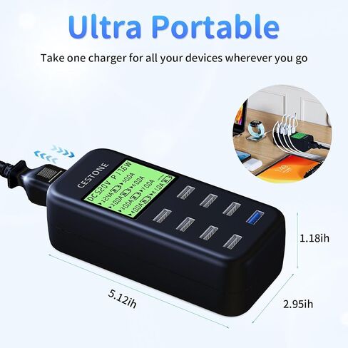 USB Charging Station,60W/12A 8-Port USB Desktop Charger, LCD Display for Multiple Devices Charging,Wall Charger,Compatible with Mobile Phones,Tablets, Headphones,Game Controller and More (Black) in Saudi Arabia