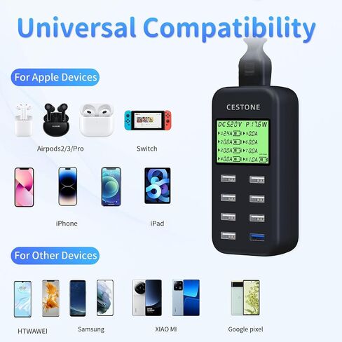 USB Charging Station,60W/12A 8-Port USB Desktop Charger, LCD Display for Multiple Devices Charging,Wall Charger,Compatible with Mobile Phones,Tablets, Headphones,Game Controller and More (Black) in Saudi Arabia