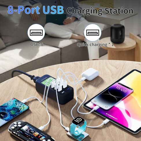 USB Charging Station,60W/12A 8-Port USB Desktop Charger, LCD Display for Multiple Devices Charging,Wall Charger,Compatible with Mobile Phones,Tablets, Headphones,Game Controller and More (Black) in Saudi Arabia