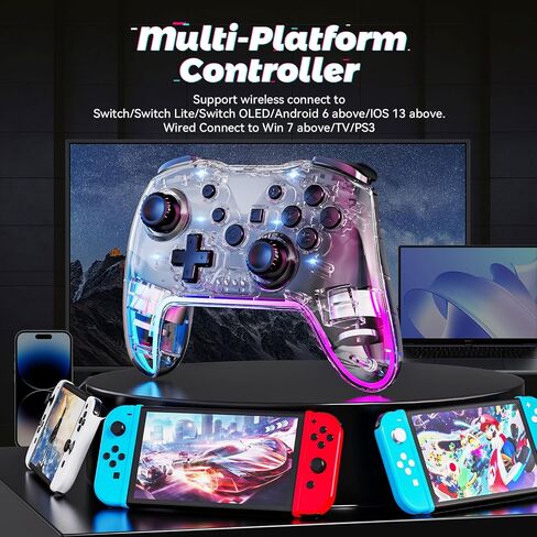 Wireless Switch Pro Controller for Nintendo Switch Controller/Lite/OLED/Windows/iOS/Android, 7 Color Adjustable RGB Lights Switch Remote Gamepad with One Key Wake Up/ Adjustable Turbo Vibration(Black) in Saudi Arabia