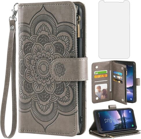 Asuwish Compatible with Samsung Galaxy S8 Active Wallet Case and Tempered Glass Screen Protector Flower Flip Card Holder Stand Cell Phone Cover for Glaxay S8Active 8s S 8 8Active G892A Women Men Grey in Saudi Arabia