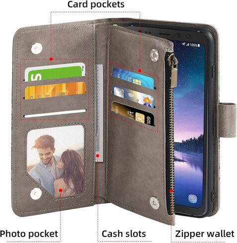 Asuwish Compatible with Samsung Galaxy S8 Active Wallet Case and Tempered Glass Screen Protector Flower Flip Card Holder Stand Cell Phone Cover for Glaxay S8Active 8s S 8 8Active G892A Women Men Grey in Saudi Arabia