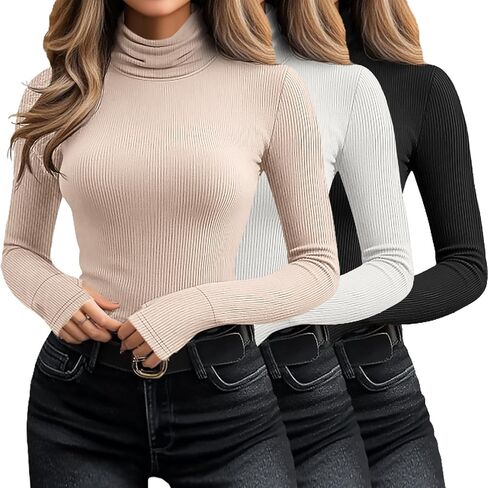 Huukeay 3 Pack Women's Long Sleeve Turtleneck Tops, Slim Fit Ribbed Pullover with Thumbhole Mock Neck T-shirts Underwear Top in Kuwait