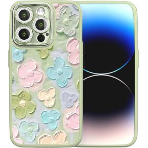 Case, Colorful Oil Painting Floral Fashion Trendy Cute Stylish Luxury, Durable Anti-Yellow Shockproof, Acrylic, Wireless Charging, Camera Protection, Girls Women (Sage, iPhone 15)