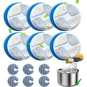 6 Set Cat Water Fountain Filter, Cat Fountain Filter Replacement for 2L/67oz Round Stainless Steel Pet Water Fountain, 3 Triple Filtration System