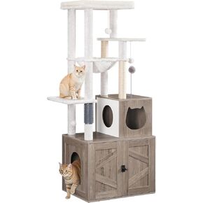 HOOBRO Cat Tree with Litter Box Enclosure, Tall Cat Tower for Indoor Cats, All-in-One Modern Cat Condo, Hidden Litter Box Enclosure Furniture, with Cat House, Sisal Posts, Greige and White BG51MZ03