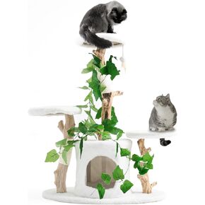 Petest Cat Tree 38 Inch Real Branch Cat Tower Wood Cat Condo for Indoor Cats Furniture Activity Center with Scratch Post for Kitten