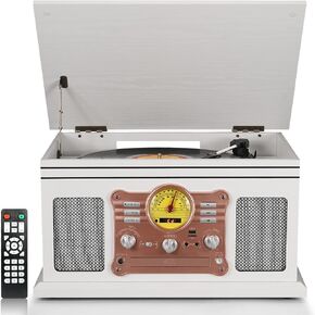 All in One Vintage Bluetooth Record Player with Built-in Speakers, CD & Cassette Player, AM/FM Radio, USB/TF Recording, Wood Classic 3-Speed Retro Nostalgic Vinyl Turntable Multimedia Center, White