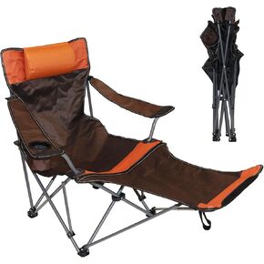 Camping Lounge Chair with Headrest Footrest and Storage Bag, Portable Folding Reclining Camping Chair with Foot Rest for Adults Outdoor Camping Beach Hiking Fishing (Orange Brown)