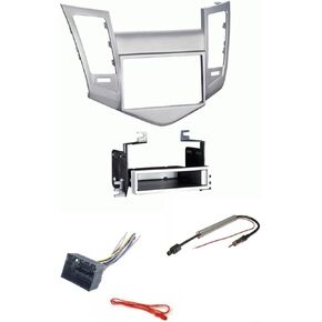 Silver Single or Double Din Car Stereo Kit, Wire Harness, and AM/FM Radio Antenna Adapter Combo -Made for 2011 2012 2013 2014 2015 Chevrolet Cruze -No Bose/No Factory External Amp Vehicles