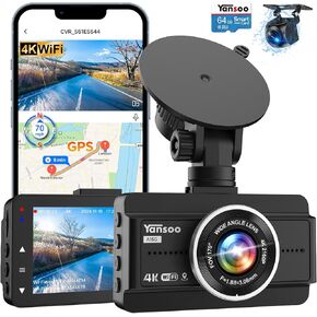 Dash Cam Front and Rear, 4K+1080P Dual Dash Camera for Cars with 64GB Card, Built-in WiFi & GPS, Dashboard Camera Dashcam with App Control, 170° Wide Angle, Loop Recording, 24 Hours Parking Monitor