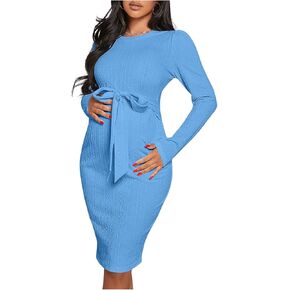 OYOANGLE Women's Maternity Textured Bow Belted Dress Ribbed Knit Long Sleeve Bodycon Pregnancy Midi Dresses