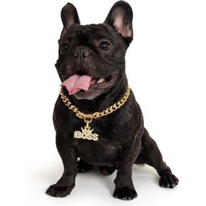18K Cuban Link Dog Collar, 15MM Gold Dog Chain Collar Mtetal Dog Collar Dog Jewelry Strong Heavy Duty Pet Cuban Collar for Medium Small Dogs, 16 inch