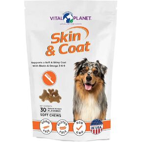 Vital Planet - Skin and Coat for Dogs with Biotin and Omega 3-6-9 to Support a Soft and Shiny Coat - 30 Hickory Flavored Soft Chews