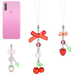 3 Pieces Cute Strawberry Cherry Phone Charms, Aesthetic Y2K Cell Phone Charms Cherry Heart Phone Charms Straps Y2K Accessories for Phone Hangbag Keychain Pendant Decoration