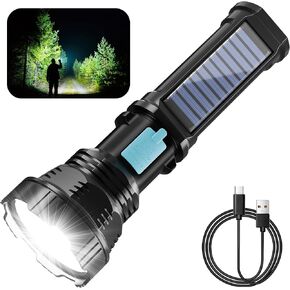 Solar/Rechargeable LED Flashlight 2 Pack, 4 Modes Multi Function Flashlights High Lumens with 2000 mAh Battery, Emergency Strobe Light, Waterproof, USB Charging for Home, Emergencies, Camping