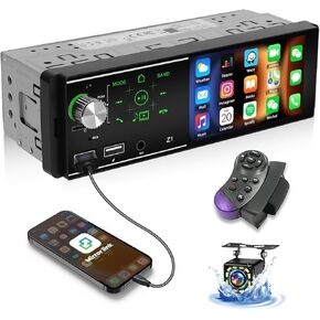 Car Radio Single Din Bluetooth Car Stereo Receiver with 4.1 Inch IPS Touch Screen Hands-Free Calling Audio FM Dual USB TF Card Input, Mirror Link MP5 Player + Backup Camera SWC